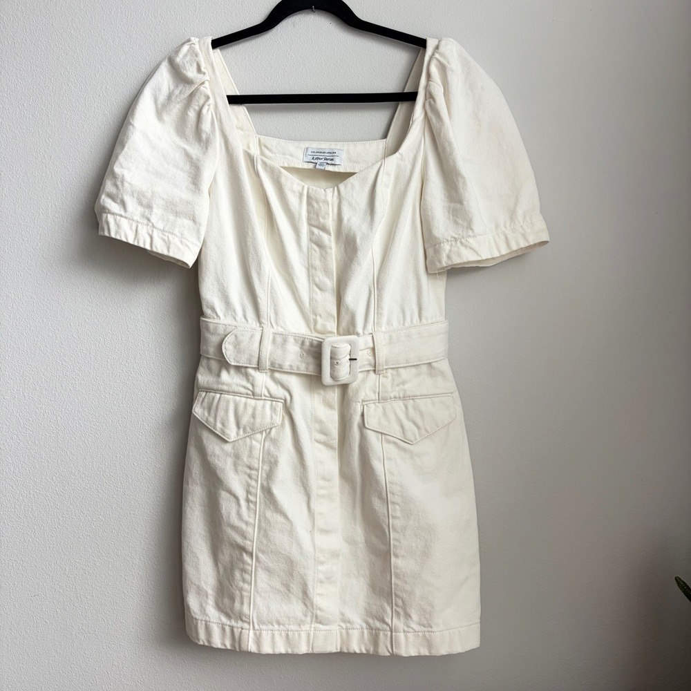 & Other Stories Off White Denim Puff Sleeve Belted Mini Dress US 6